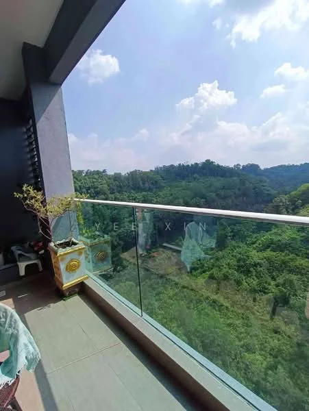 Room features: glass railing, tile flooring, outdoor plant, mountain view, sunny, balcony, greenery, outdoor seating; style: modern; view: mountain.