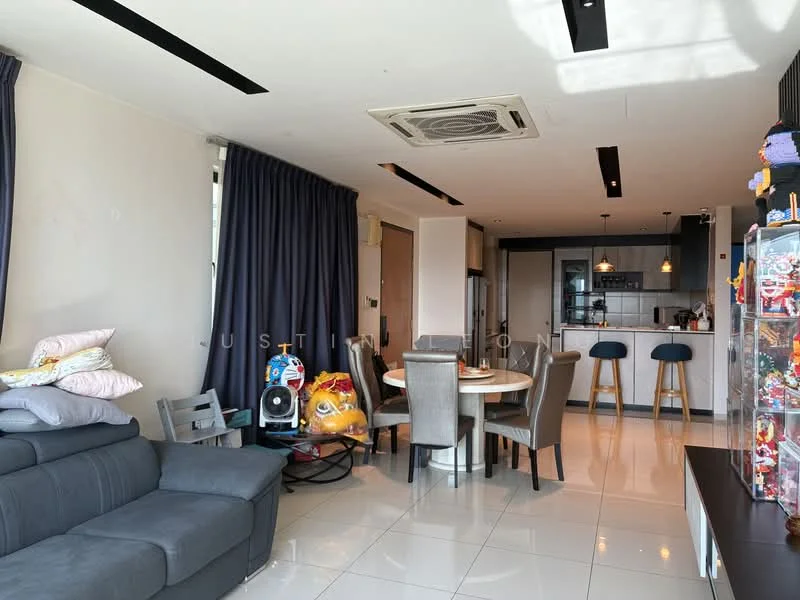 Living features: grey fabric sofa, round dining table, upholstered dining chairs, bar stools, kitchen island, recessed downlights, air conditioning unit, floor-to-ceiling windows, dark blue curtains, decorative shelving unit, tile flooring, wall-mounted TV; style: modern.