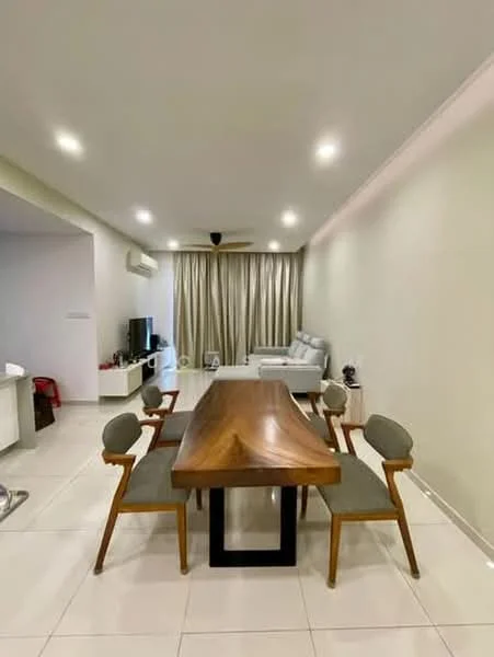 Dining features: wood dining table with unique shape, 6 wooden dining chairs with fabric upholstery, white walls, recessed ceiling lights, floor-to-ceiling curtains, light-colored tiled flooring, wall-mounted TV, air conditioning unit; style: modern. Living features: light grey fabric sofa, white TV console, decorative items on console, neutral wall color, open layout, natural light from windows; style: modern.