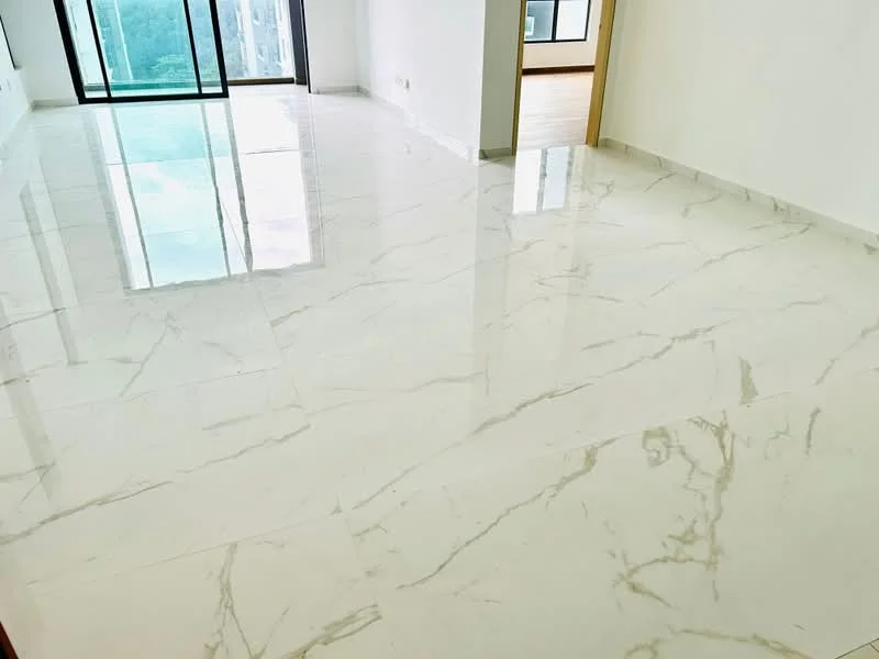 Room features: white marble tile flooring, plain white walls, large floor-to-ceiling windows, natural light, open layout, no visible furniture, smooth ceiling, minimalist decor; style: modern; view: city.