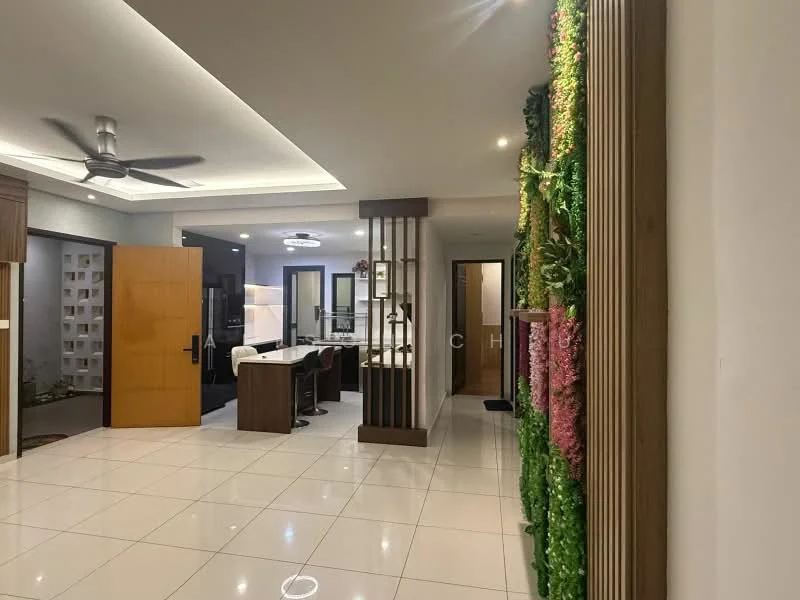 Room features: white tiled flooring, recessed ceiling lights, 5-blade ceiling fan, wooden door, glass partition, decorative green wall with flowers, open layout, dining table with chairs, wall-mounted light fixture, neutral wall color; style: modern.