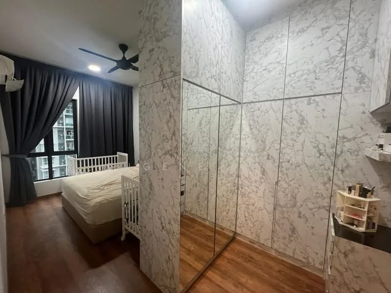 Bedroom features: queen-size bed, mirrored wardrobe, white bed frame, dark wood flooring, floor-to-ceiling windows, blackout curtains, ceiling fan with light, marble accent wall; style: modern; view: city.