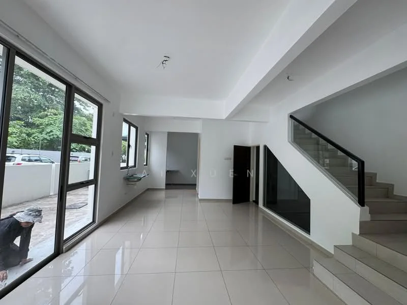 Living features: white painted walls, polished ceramic tile flooring, large floor-to-ceiling windows, sliding glass door, recessed downlights, open layout, staircase with glass railing, high ceiling; style: modern; view: garden. Room features: white painted walls, polished ceramic tile flooring, doorway leading to other rooms.