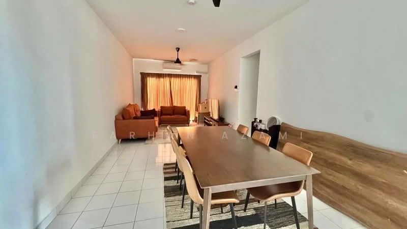 Living features: cream painted walls, white tiled flooring, 5-blade ceiling fan, sofa in orange fabric, dining table with 6 chairs, wooden sideboard, large window with sheer curtains, area rug with geometric pattern; style: modern.