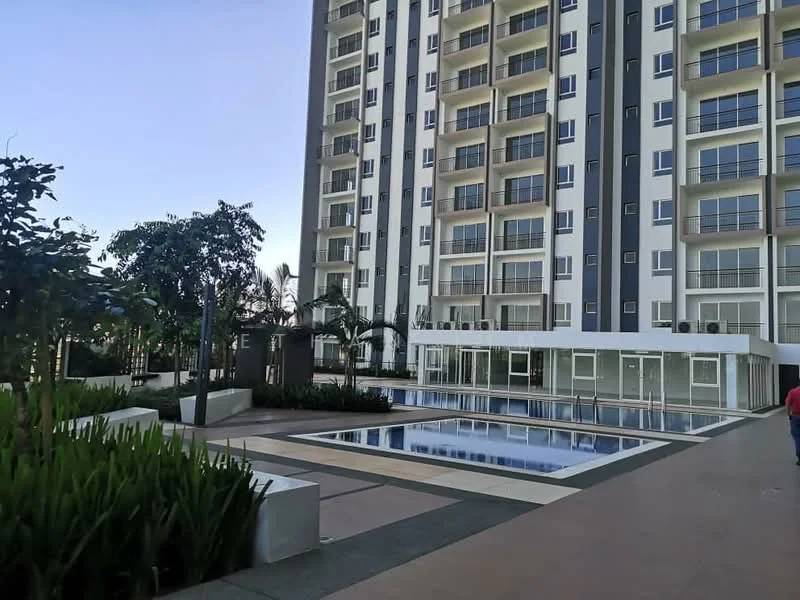 Exterior type: high-rise condominium; features: swimming pool, pool deck, landscaped garden, manicured lawn, palm trees, glass curtain wall facade, balconies, outdoor seating area; style: modern.