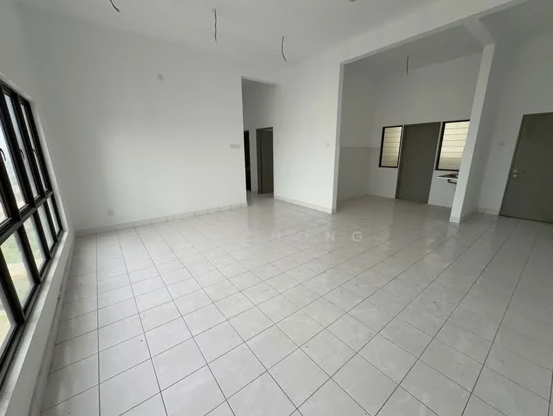 Room features: white painted walls, white ceiling, tile flooring, large windows, multiple doorways, open layout, natural light, no visible furniture; style: modern; view: city.
