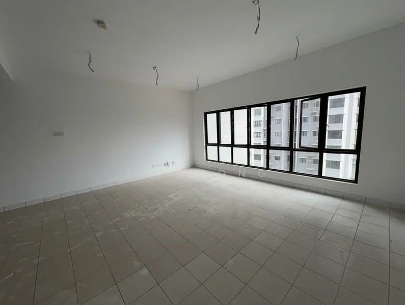Room features: white painted walls, tile flooring, large windows, no visible ceiling fixtures, unfinished space, neutral color scheme, open layout, corner windows.