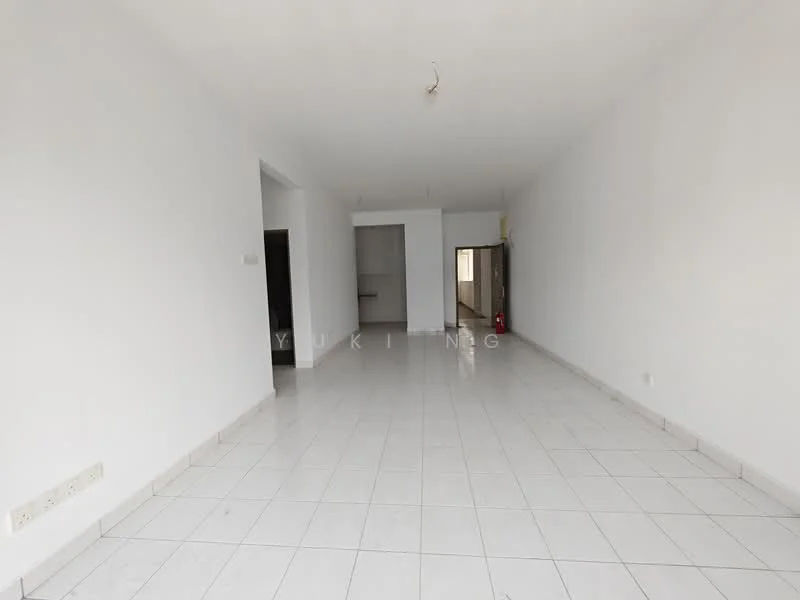 Room features: white painted walls, tile flooring, single ceiling light fixture, open layout, large windows, neutral color scheme; style: minimalist.