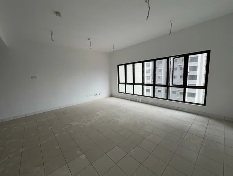 Room features: white painted walls, tile flooring, floor-to-ceiling windows, multiple window panes, exposed ceiling with electrical wiring, neutral color scheme.