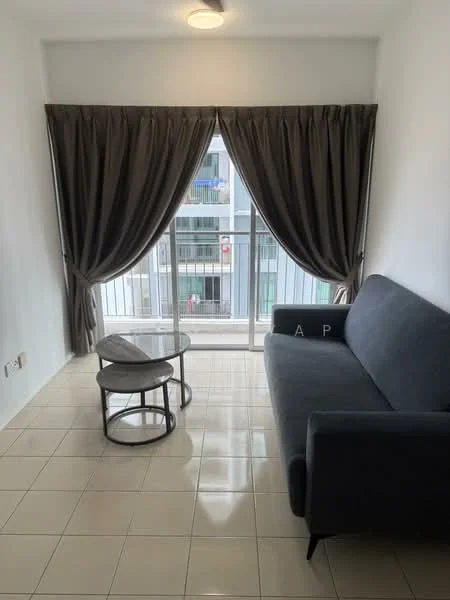 Living features: grey fabric sofa, round glass coffee table, white painted walls, glossy tile flooring, floor-to-ceiling windows, sheer curtains, dark grey curtains, ceiling light fixture; style: modern.