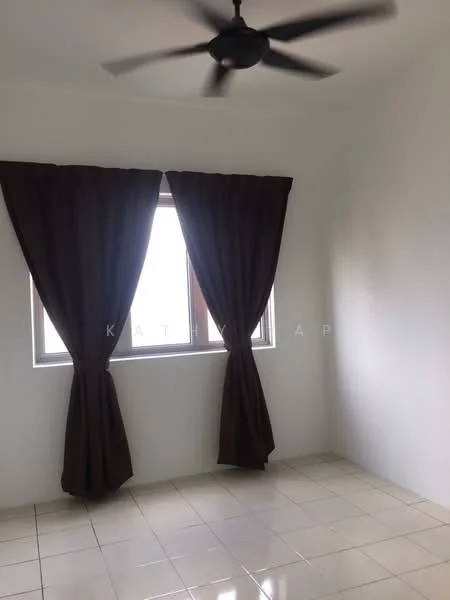 Room features: white painted walls, tiled flooring, floor-to-ceiling window, blackout curtains, ceiling fan.