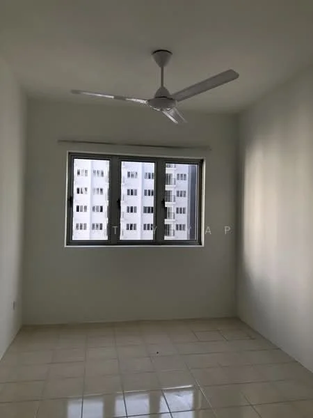 Room features: white painted walls, glazed ceramic tile flooring, 5-blade ceiling fan, floor-to-ceiling windows, window treatments, natural light, neutral color scheme; style: modern; view: city.