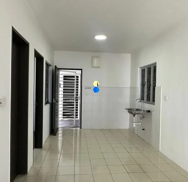 Room features: white painted walls, glossy ceramic tile flooring, recessed ceiling light, single-bowl stainless-steel sink, wall-mounted faucet, window with security bars, door leading to exterior, three doorways leading to other rooms; style: modern.