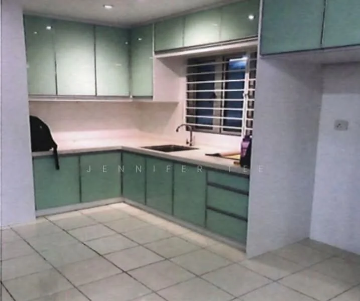 Kitchen features: green cabinetry, white countertop, single-bowl stainless-steel sink, chrome pull-down faucet, tile flooring, window with horizontal bars, built-in upper cabinets, lower cabinets, neutral wall color, recessed lighting; style: modern.