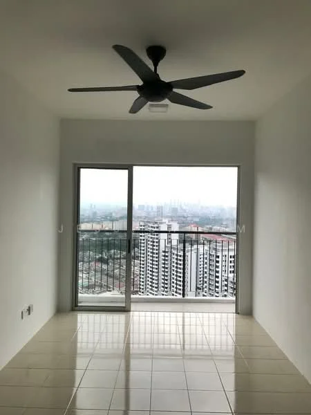 Living features: white painted walls, glossy tile flooring, 5-blade ceiling fan in black, floor-to-ceiling sliding glass door, city skyline view, natural light from large window, neutral color scheme, minimalist decor; style: modern; view: city.