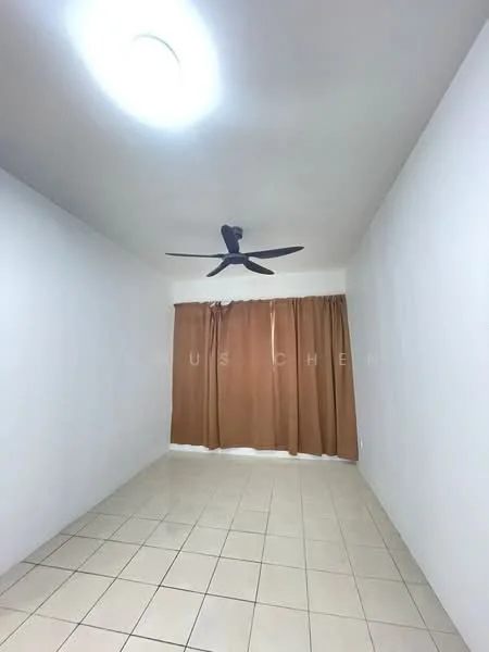 Room features: white painted walls, ceramic tile flooring, 5-blade ceiling fan, curtains in brown, recessed ceiling light.