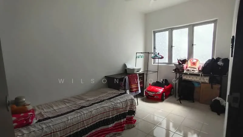 Bedroom features: single bed with striped bedding, white painted walls, glossy tile flooring, two windows with sheer curtains, black metal clothing rack, red toy car, wooden desk, stack of boxes.