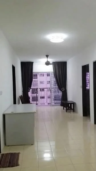 Room features: white painted walls, glossy ceramic tile flooring, 5-blade ceiling fan, floor-to-ceiling windows, blackout curtains, balcony access, recessed ceiling lights, open layout, neutral color scheme, wooden dining table, small stool; style: modern; view: city.