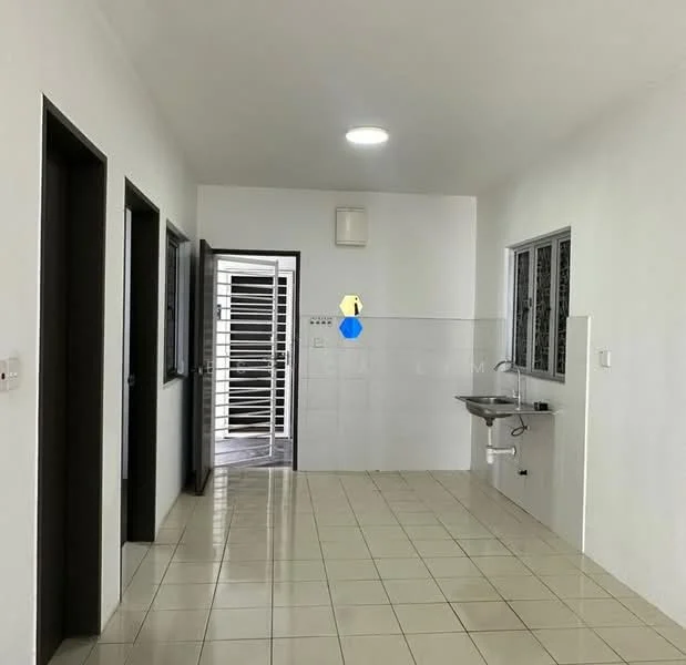 Room features: white painted walls, glossy ceramic tile flooring, recessed ceiling light, single-bowl stainless-steel sink, wall-mounted faucet, window with metal grille, door leading to exterior, two doorways leading to other rooms; style: modern.