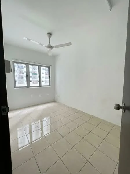 Room features: white painted walls, glossy ceramic tile flooring, ceiling fan, three-panel windows, natural light from windows, no visible furniture, neutral color scheme, unadorned ceiling; style: minimalist.