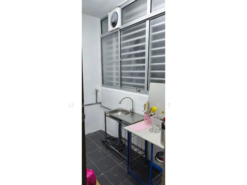 Kitchen features: stainless-steel sink, chrome pull-down faucet, grey tiled flooring, white painted walls, window with metal grilles, countertop with storage underneath, metal shelving unit, kitchen utensils on countertop; style: modern.