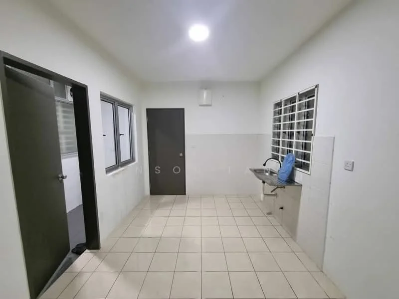 Room features: white painted walls, tile flooring, single-bowl stainless-steel sink, chrome pull-down faucet, window with metal grille, door with handle, light fixture on ceiling, countertop, floor-to-ceiling window, wall-mounted tap; style: modern.