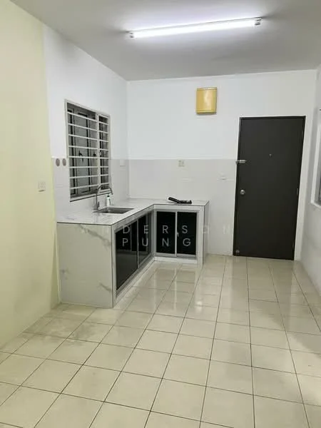 Kitchen features: white marble countertop, single-bowl stainless-steel sink, chrome pull-down faucet, black cabinetry, white tiled walls, cream tiled flooring, window with horizontal bars, door to exterior, LED ceiling lights; style: modern.