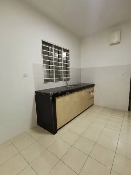 Kitchen features: black countertop, light wood cabinetry, single-bowl stainless-steel sink, chrome pull-down faucet, tile backsplash, white painted walls, ceramic tile flooring, window with metal grille; style: modern.
