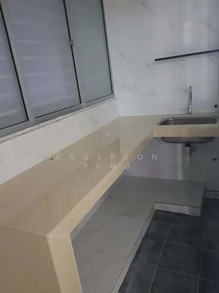 Kitchen features: single-bowl stainless-steel sink, chrome pull-down faucet, cream marble countertop, white tiled backsplash, grey ceramic tile flooring, window with horizontal slats, built-in cabinetry, open layout with breakfast bar; style: modern.