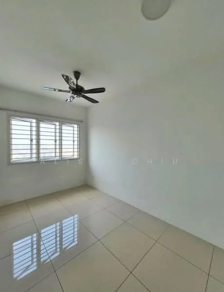 Room features: white painted walls, ceiling fan, tile flooring, window with horizontal slats, natural light from window, smooth ceiling, reflected light on floor; style: modern.