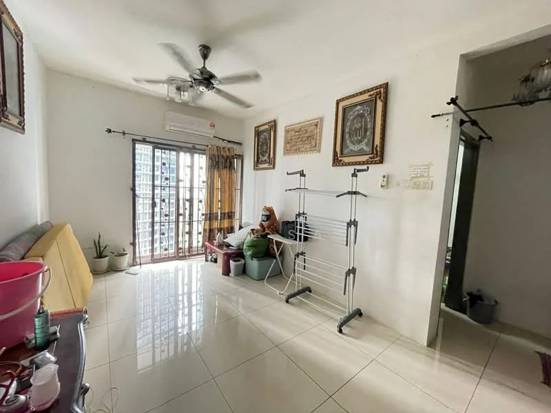 Living features: cream painted walls, white tiled flooring, 5-blade ceiling fan with light, floor-to-ceiling windows, sliding glass door, curtains, sofa in yellow, decorative wall art, indoor plants, clothes drying rack, small storage bins; style: modern; view: city.