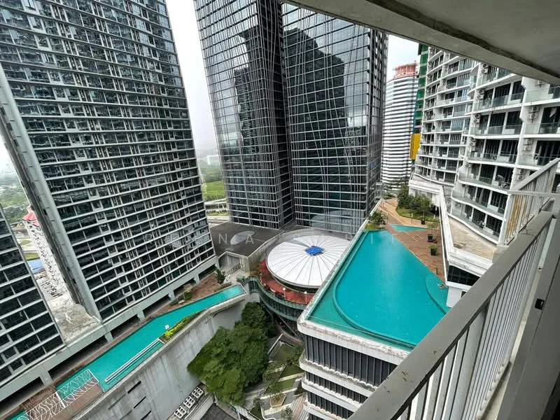 Exterior type: high-rise condominium; features: glass curtain wall, multiple high-rise buildings, infinity pool, landscaped pool deck, surrounding greenery, outdoor amenities area, covered walkways, urban skyline view; style: modern.
