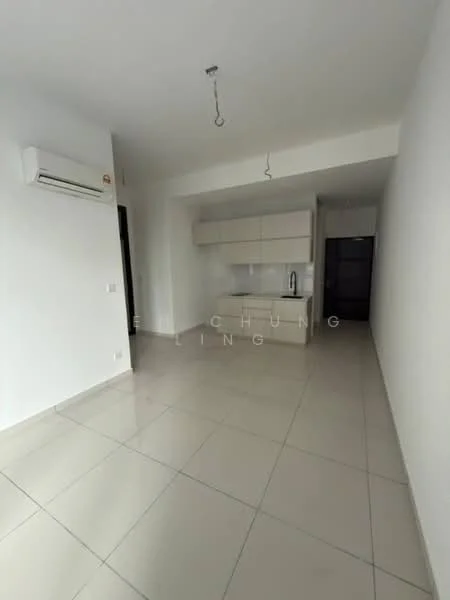 Room features: white painted walls, glossy ceramic tile flooring, 1 wall-mounted split AC, kitchen cabinetry with flat-panel design, countertop with integrated sink, open layout, recessed ceiling lights, no visible appliances; style: modern.