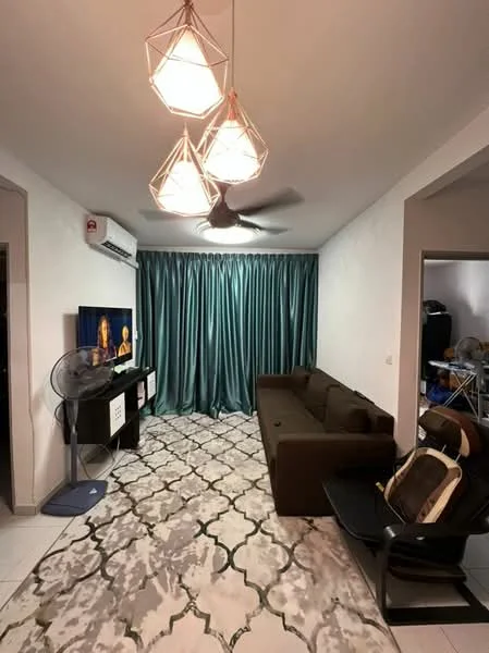 Living features: 3-seater fabric sofa in brown, area rug with geometric pattern, wall-mounted TV, TV console with storage, ceiling fan with light, recessed downlights, floor-to-ceiling curtains in teal, white painted walls, tile flooring; style: modern.