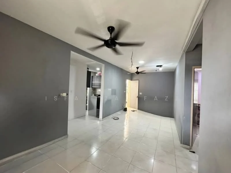 Room features: grey painted walls, white tiled flooring, 5-blade ceiling fan, 2 ceiling lights, open layout, doorway leading to another room, wall-mounted electrical outlets, baseboards; style: modern.