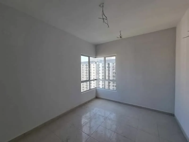 Room features: white painted walls, grey tiled flooring, floor-to-ceiling windows, multiple window panes, unfurnished space, no visible ceiling fixtures, natural light from windows.