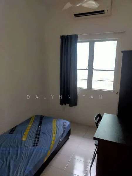 Bedroom features: single bed with blue bedding, white painted walls, tile flooring, window with sheer curtains, wall-mounted split AC, study desk, black chair, built-in wardrobe.