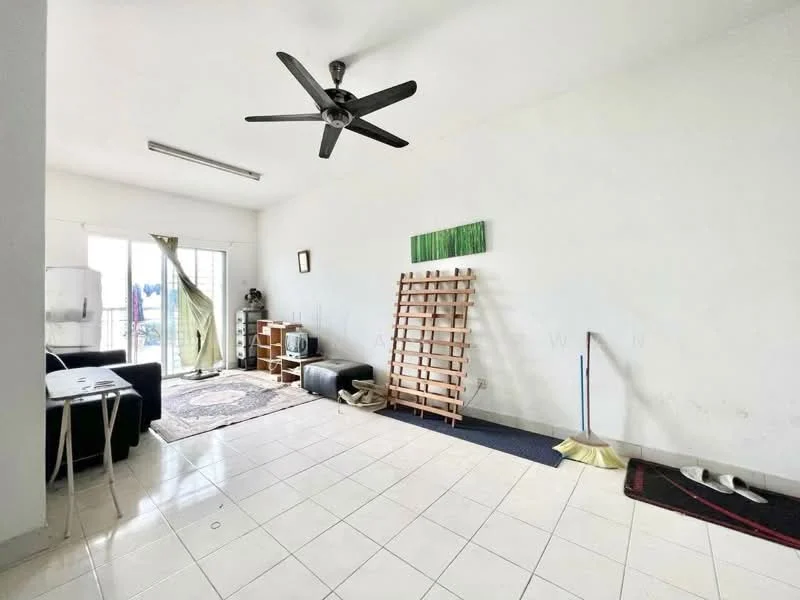 Living features: white painted walls, tile flooring, 5-blade ceiling fan, sofa in dark color, coffee table, area rug with geometric pattern, wooden shelving unit, sliding glass door, curtains, decorative wall art, broom and dustpan, vacuum cleaner; style: minimalist; view: city.