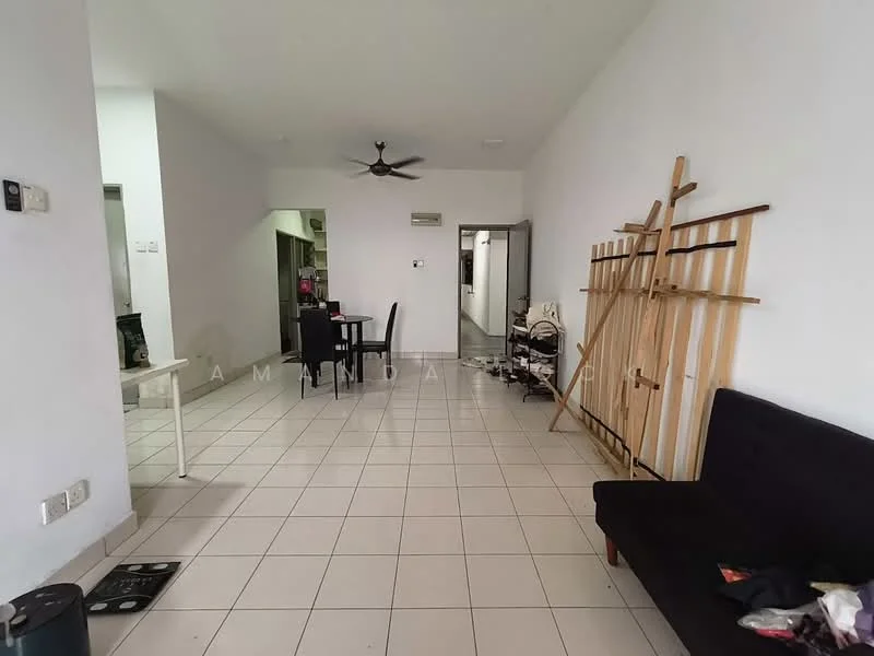 Living features: white painted walls, tile flooring, 5-blade ceiling fan, black fabric sofa, dining table with chairs, wooden partition, open layout, natural light from windows; style: modern. Room features: white painted walls, tile flooring, open layout, doorway to kitchen, doorway to hallway.