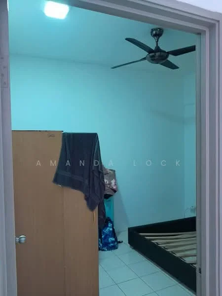 Bedroom features: white painted walls, ceiling fan, tiled flooring, single bed frame without mattress, built-in wardrobe, hanging towels, blue bag on the floor.