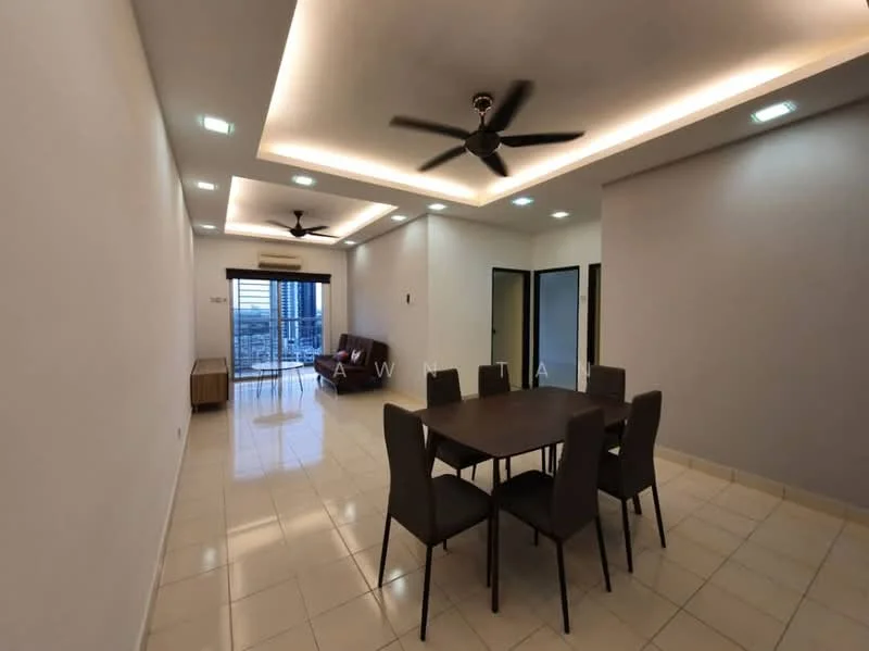 Dining features: rectangular dining table, 6 upholstered dining chairs, ceiling fan with light, recessed LED downlights, white painted walls, cream tiled flooring, large window with city view, sofa in living area visible, air conditioning unit; style: modern; view: city.