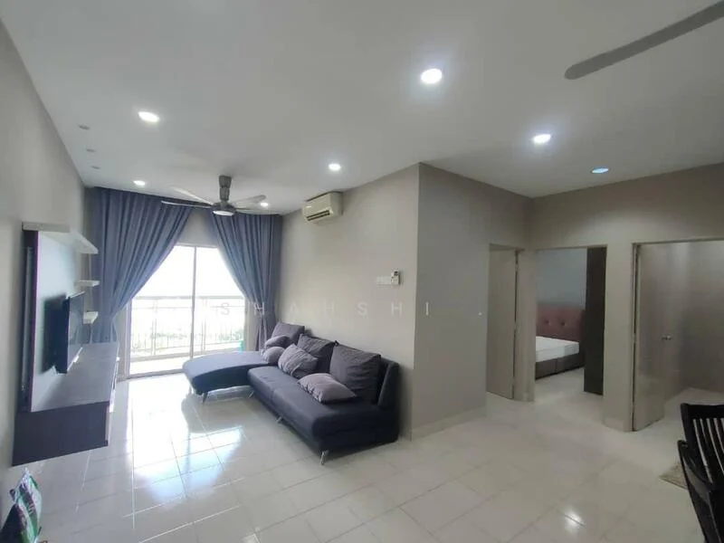 Living features: 3-seater fabric sofa in dark grey, 4 purple throw pillows, wall-mounted TV, ceiling fan, recessed downlights, large sliding glass door, floor-to-ceiling curtains, white tiled flooring, air conditioning unit; style: modern; view: city. Bedroom features: queen-size bed, upholstered headboard, bedside table, built-in wardrobe, carpeted flooring; style: modern.