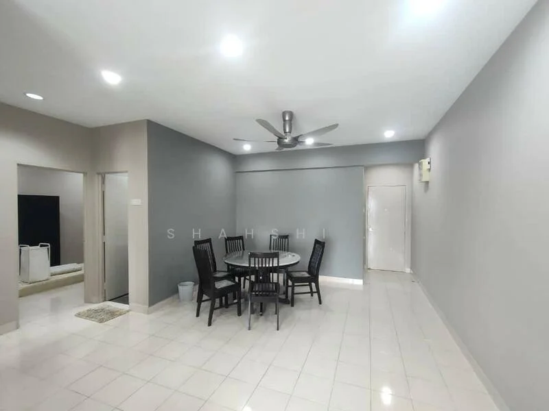 Dining features: round dining table, 4 black wooden dining chairs, white tiled flooring, grey painted walls, recessed LED downlights, 5-blade ceiling fan, door leading to hallway, door leading to exterior; style: modern. Room features: white painted walls, white ceiling, light grey accent wall.
