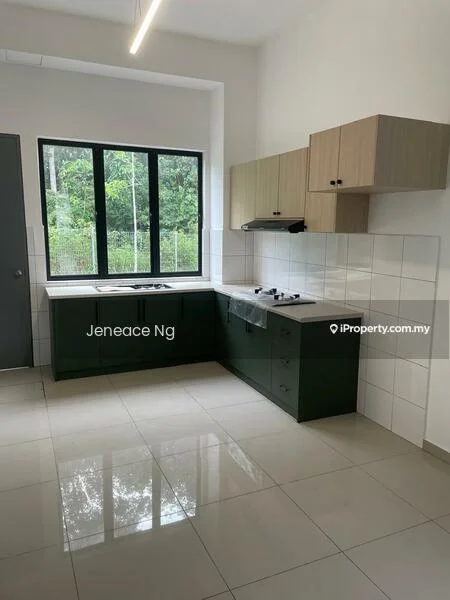 Kitchen features: green cabinetry, light wood upper cabinets, white tiled backsplash, stainless-steel gas hob, extraction hood, single-bowl stainless-steel sink, chrome pull-down faucet, white tiled flooring, large window with black frame, natural light, open layout; style: modern; view: garden.