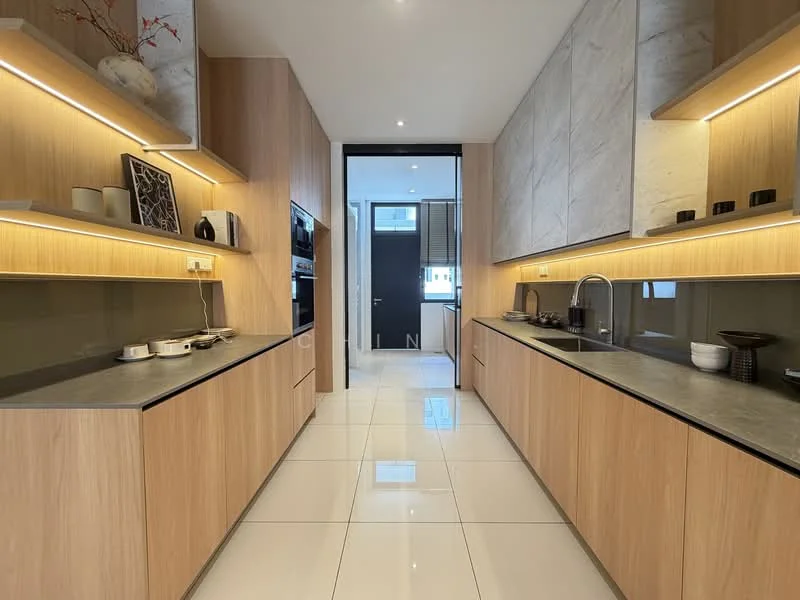 Kitchen features: wood cabinetry, grey stone countertop, white glossy tile flooring, recessed LED downlights, built-in oven, built-in microwave, stainless-steel sink, chrome pull-down faucet, backlit shelving, decorative vases, minimalist decor, open shelving, wall-mounted cabinets, neutral color palette; style: modern.