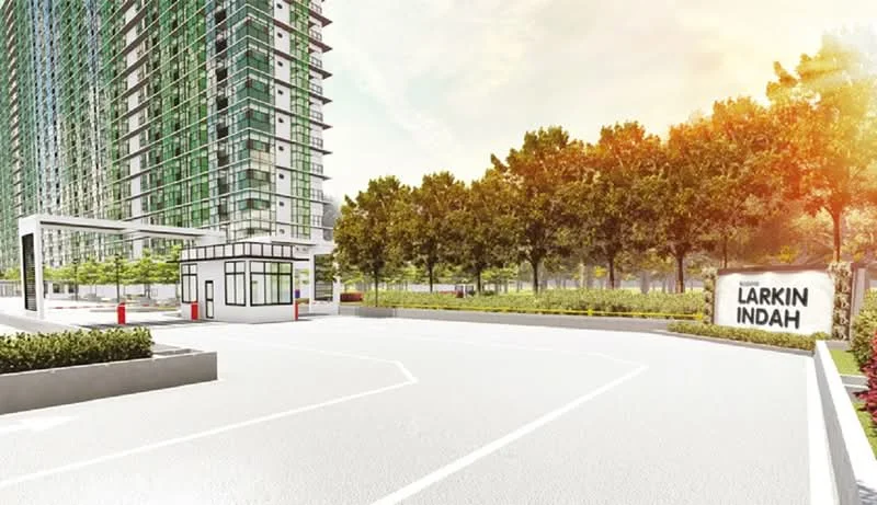 Exterior type: high-rise condominium; features: glass curtain wall facade, double-volume main lobby, manicured lawn, mature trees, security guard house at entrance, gated entry, paved driveway, landscape garden; style: modern.
