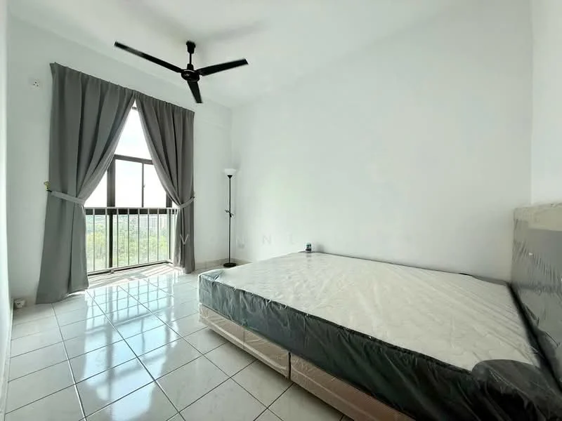Bedroom features: white painted walls, white ceiling, 5-blade ceiling fan in black, floor-to-ceiling window, curtains in grey, tiled flooring, queen-size bed base without mattress, lamp, balcony door with black railing; style: modern; view: garden.