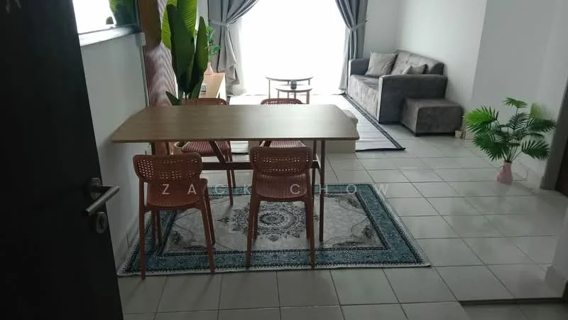 Dining features: 4-seater dining table, wooden dining chairs, area rug with geometric pattern, grey fabric sofa, decorative houseplants, floor-to-ceiling window with sheer curtains, light-coloured wall, ceramic tile flooring; style: modern.