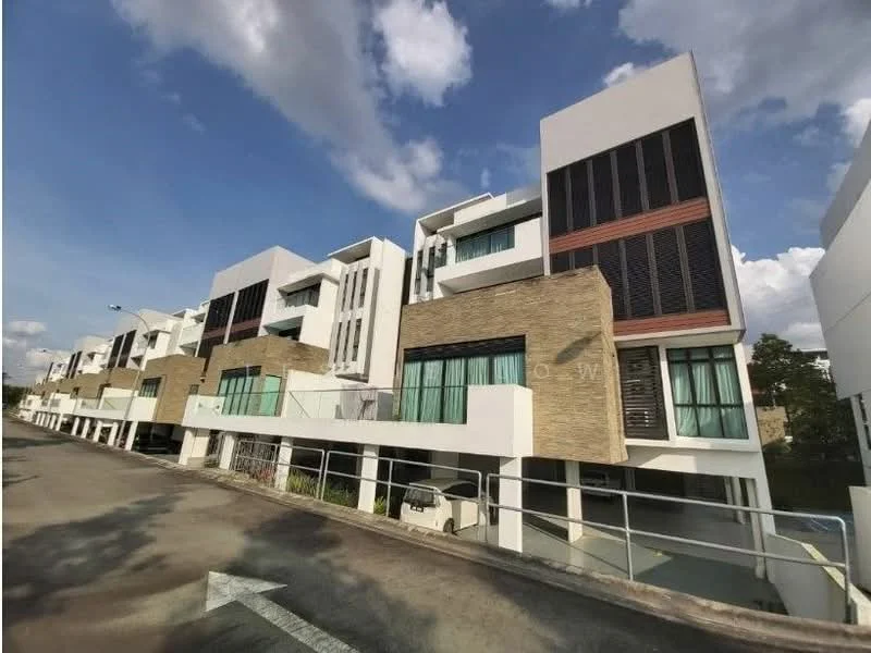 Exterior type: linked terrace house; features: white painted facade, stone cladding, horizontal wooden slats, large windows with green glass, two-storey structure, covered car porch, manicured landscaping, modern architectural design, balconies with glass railings, driveway with interlocking pavers; style: modern.
