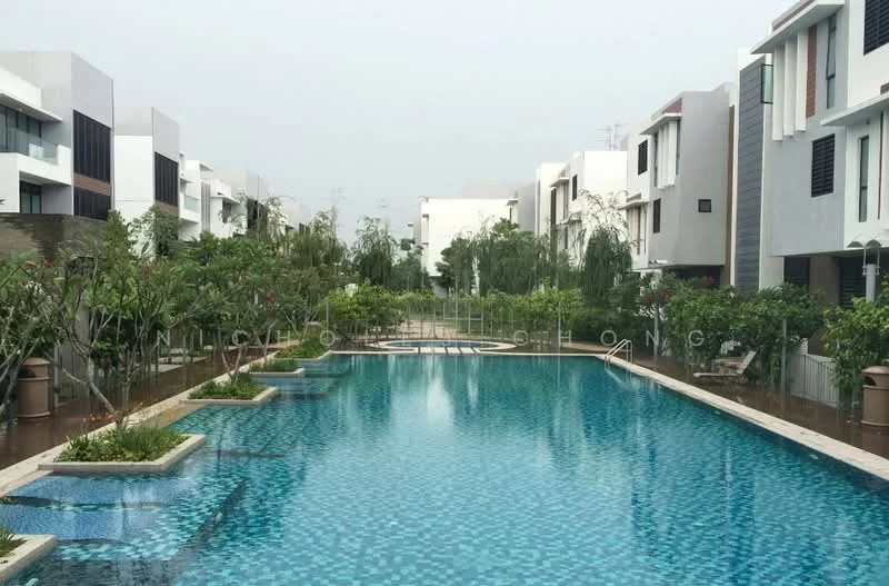 Exterior type: linked terrace house; features: swimming pool, landscaped garden, manicured lawn, tropical landscaping, paved walkway, surrounded by greenery, multiple poolside loungers, water features, modern architectural design, two-storey residential buildings; style: modern.